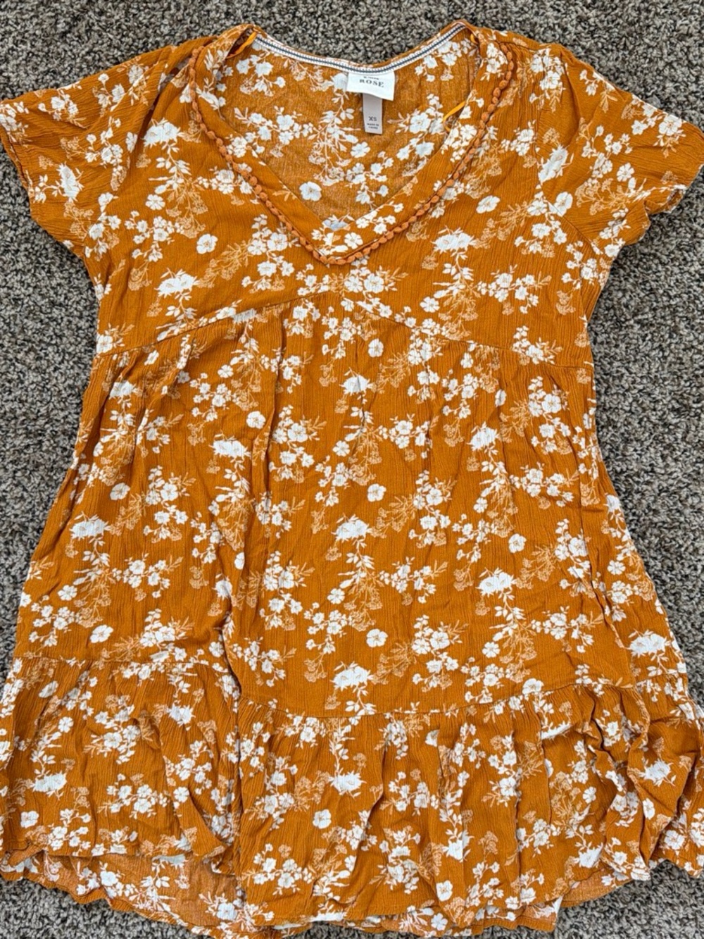 Knox Rose Mustard Orange Floral V-Neck Short Sleeve Tunic